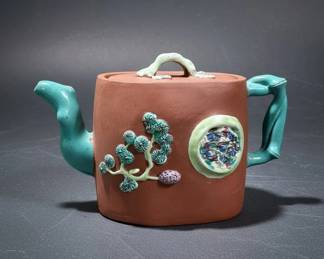 Artisan Ceramic Teapot with Floral and Mosaic Embellishments