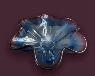 Josef Hospodka Art Glass Bowl with Pink and Blue Swirls