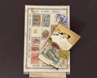 Collection of US State Quarters, Cent Collection Album, and Assorted Foreign Stamps