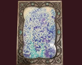 Art Nouveau Style SilverPlated Picture Frame with Enamel Inlay and Turquoise Accents