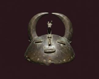 Senufo Bronze Helmet Mask with Figure