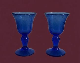 Cobalt Blue Blown Glass Goblets with Controlled Bubbles