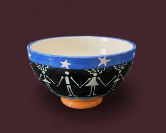 HandPainted Ceramic Bowl by KGM, Folk Art Sun Motif