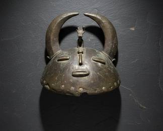 Senufo Bronze Helmet Mask with Figure