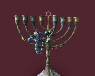 Brass Menorah with Blue Beads and Star of David Accent