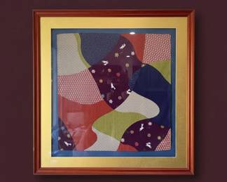 Framed Japanese Fabric Art Panel with Rabbits and Geometric Patterns