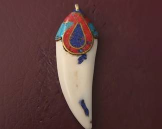 Tibetan Carved Bone Horn Pendant with Enamel and Turquoise second image