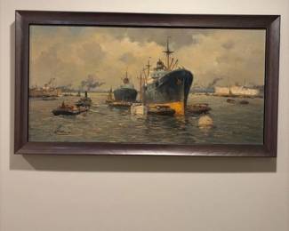 034 frameddutchharboroilpaintingsigned