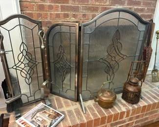 Leaded glass fireplace screen and tools