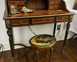 Antique French marquetry escritoire writing desk with ormolu mounts and stool