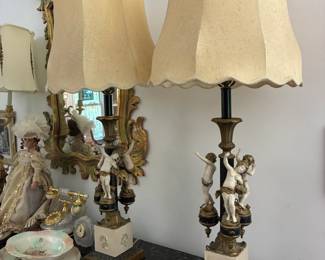 Pair of vintage European porcelain cherub lamps