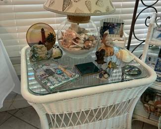 Wicker end table and shell lamp
