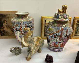 Chinese Famille Rose porcelain ginger jar and vase, vintage stone elephant