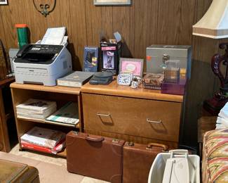 office file and shelves, fax, nice briefcases, shredder