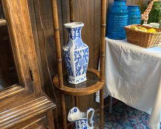 Bamboo-style three-shelf display, Asian blue and white ware