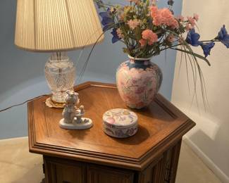 hexagonal side table cabinet, Waterford lamp/original shade, Asian decor vase and box