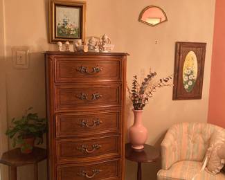 octagonal plant stand, Dixie lingerie chest, oval candlestick table, barrel chair, footstool