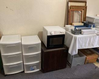 storage cabinets, half-pint microwave, small fridge