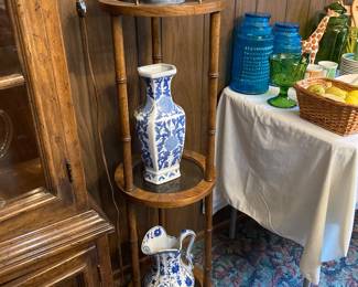 bamboo-style three-shelf display, Asian blue and white ware