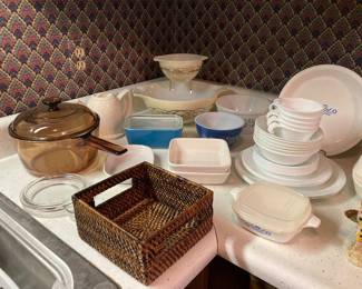 vintage Pyrex--Golden Scroll chip and dip, primary fridge jar, mixing bowls, Visions pan, etc.