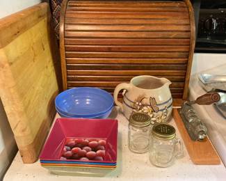 roll-top bread box, cutting block, pitcher, nutcracker, etc