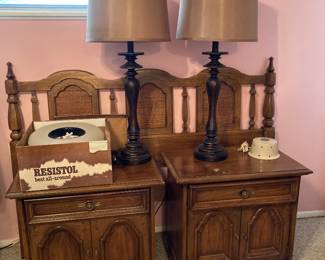 queen headboard, bedside chest nightstands, lamps, Resistol hat, noise maker
