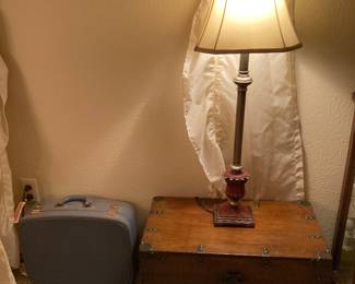 vintage suitcase, wood decor chest, candlestick lamp