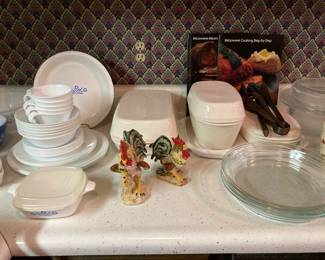 vintage kitchen--Litton microwave ware, Corning Blue Cornflower pie, Corning dishes, rooster and hen figures