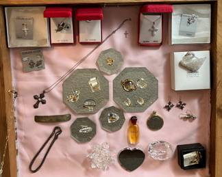 crystal figures, sterling jewelry, Swarovski pin, etc.