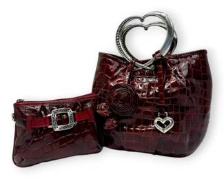 Brighton Angelina Oxblood Crocodile Embossed Leather Handbag w Matching Mini Crossbody