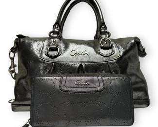 Coach Ashley Convertible Satchel Perforated Metallic Silver Leather W Matching Wallet