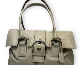 Coach Soho White Leather Shoulder Bag w Buckle Flap Closure