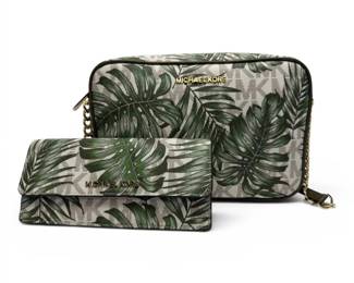 Michael Kors Tropical Print Jet Set Crossbody Bag w Matching Wallet NEW