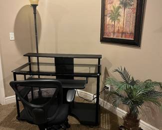 Small desk, chair, small silk plant, floor lamp and picture 