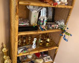 Wicker shelf and collectibles and decor