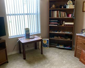 Desk, shelves, vintage pieces from around the world