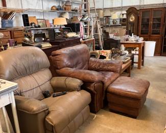 Recliners, leather furniture, antique grandfather clock 