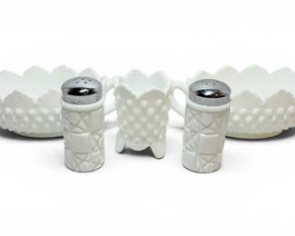 Fenton Hobnail Milk Glass Candy Dishes, Salt And Pepper Shakers, And Toothpick Holder