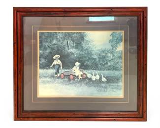 Steve Polomchak Double Signed 309 250 Framed Print Farm Scene w Two Amish Children, Wagon, Geese