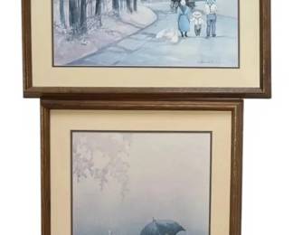 Two Steve Polomchak Signed Framed Prints Family Stroll Amish Children With Geese In Rain