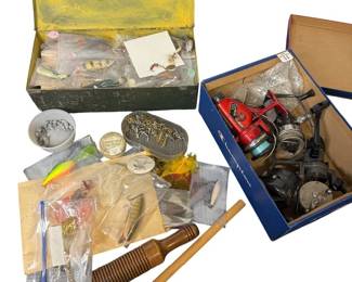 Antique Fishing Tackle Collection with Reels, Lures & Tackle Box