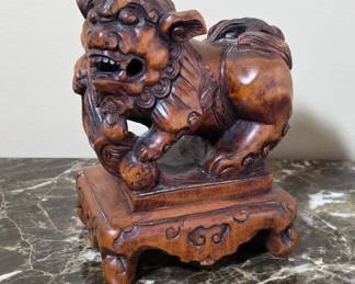 Carved Wooden Foo Dog Sculpture on Base