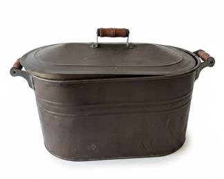 Antique Copper Boiler Wash Tub with Lid and Wooden Handles