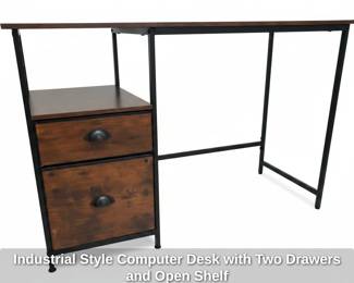 Industrial Style Computer Desk with Two Drawers and Open Shelf