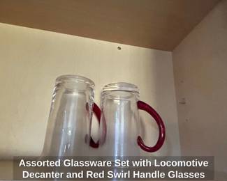 Assorted Glassware Set with Locomotive Decanter and Red Swirl Handle Glasses second image