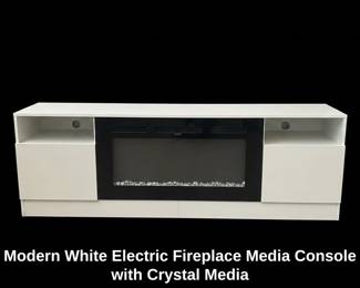 Modern White Electric Fireplace Media Console with Crystal Media