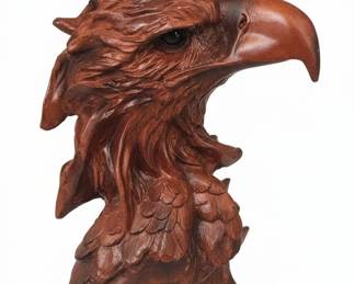 Carved Wooden Eagle Head Bust and Eagle with Flag Figurine Set