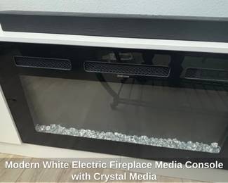 Modern White Electric Fireplace Media Console with Crystal Media second image