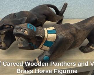 Pair of Carved Wooden Panthers and Vintage Brass Horse Figurine