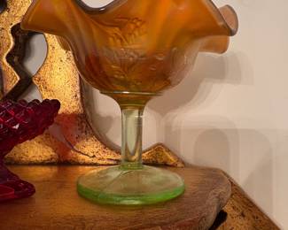 Vintage Fenton compote dish marigold orange to green (uranium) base
